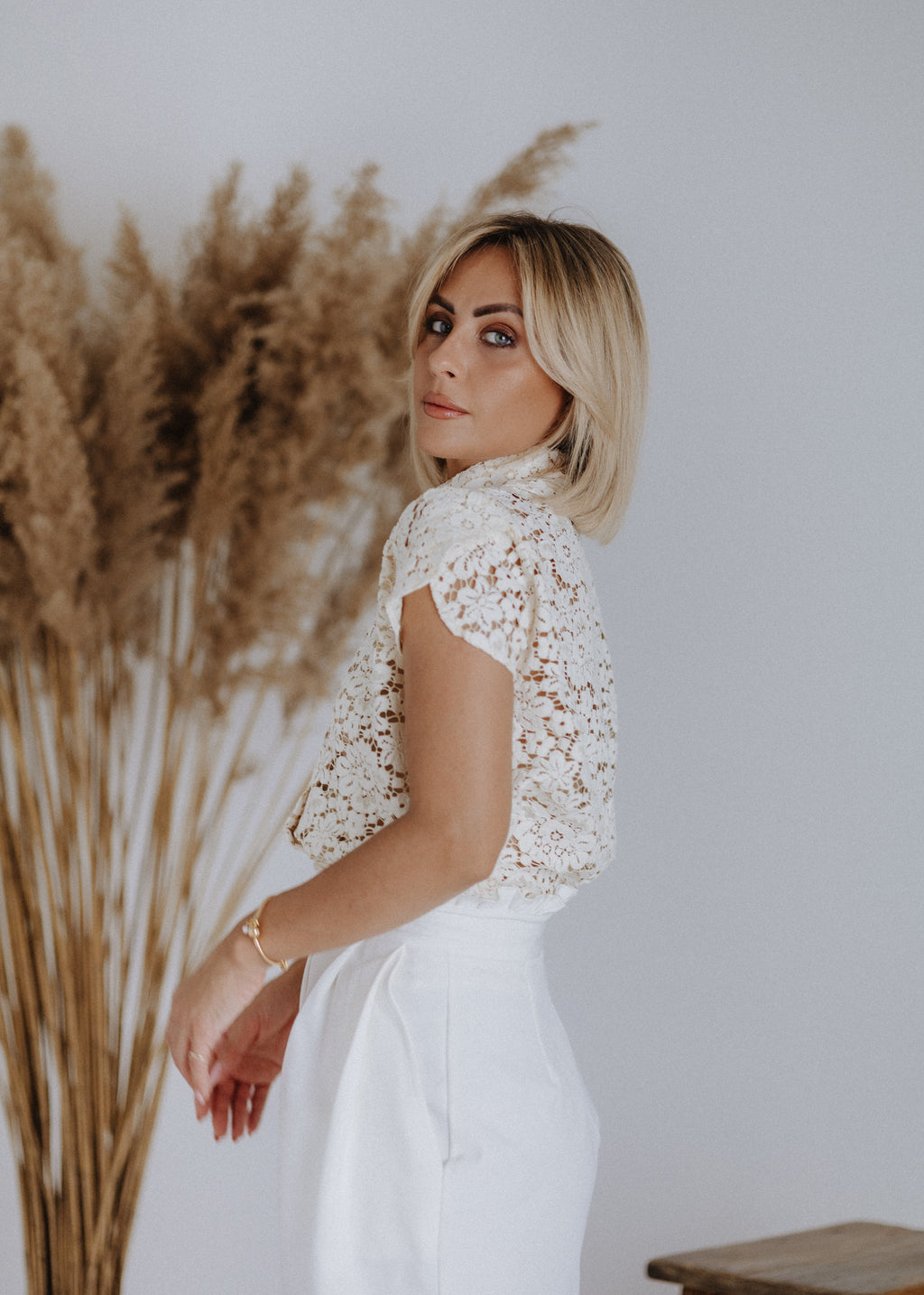 Tulip sleeve lace top in light beige