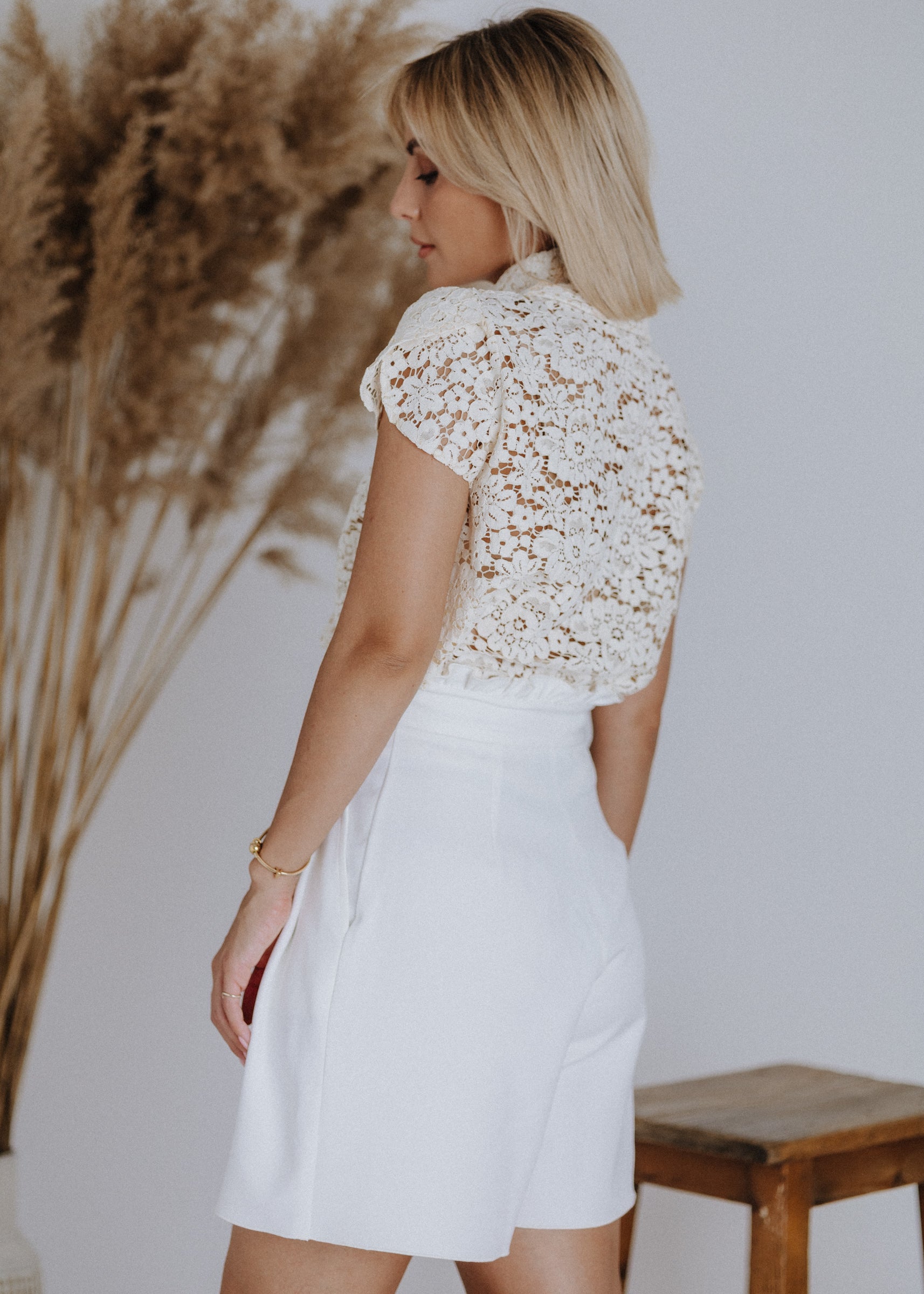 Tulip sleeve lace top in light beige