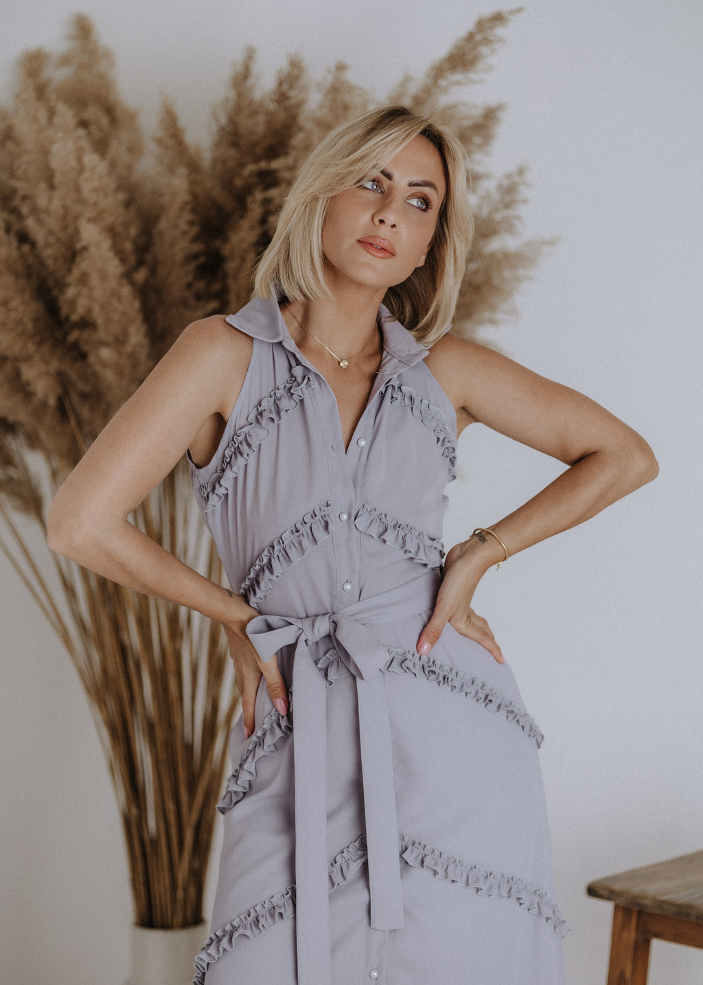 Muslin shirtdress with ruffles in gray