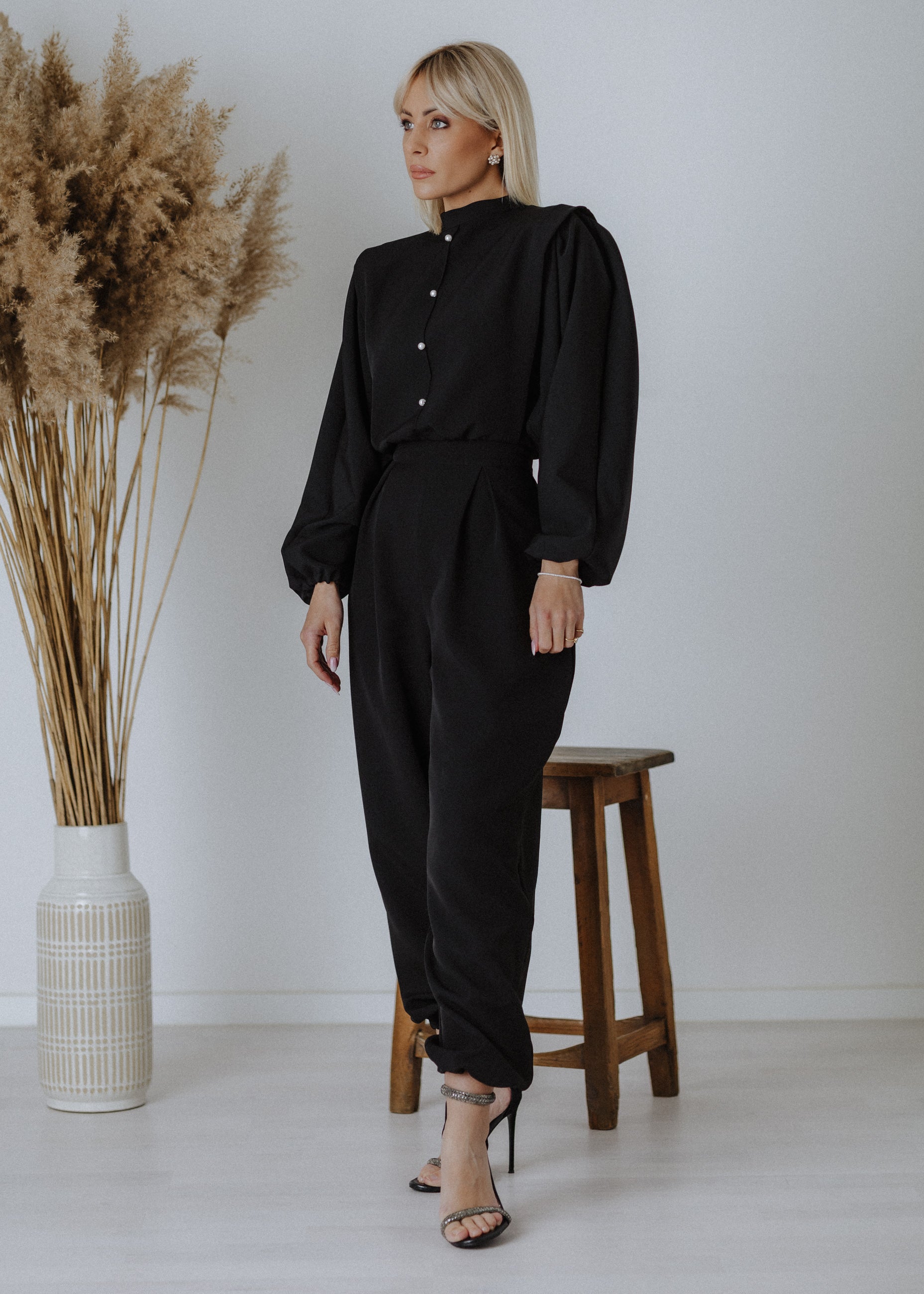 Fine fabric overalls in black