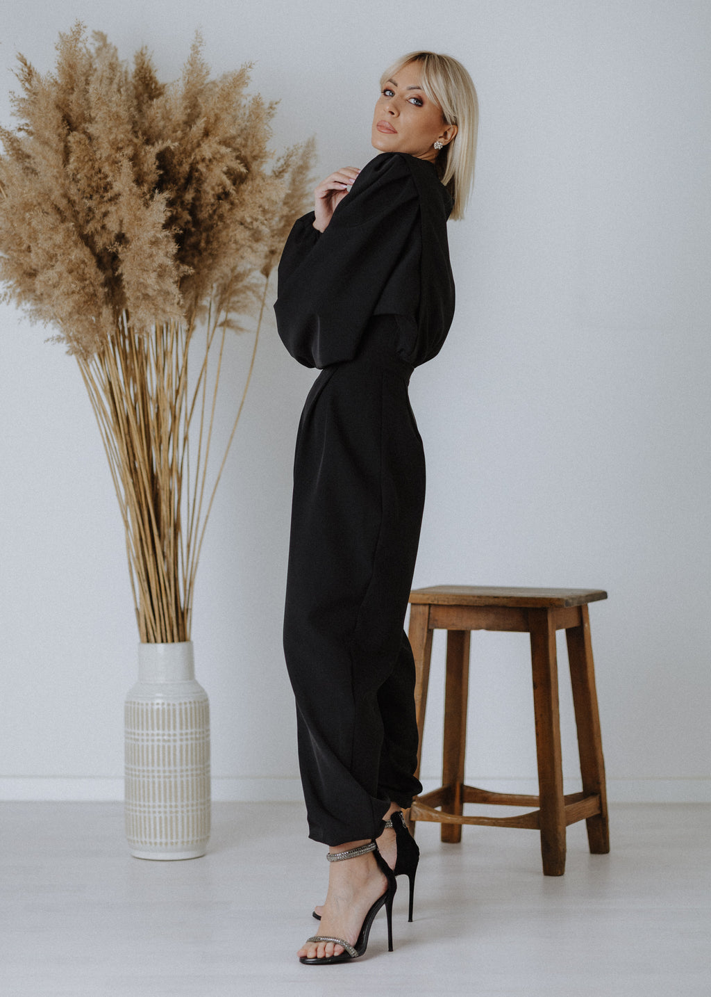 Fine fabric overalls in black
