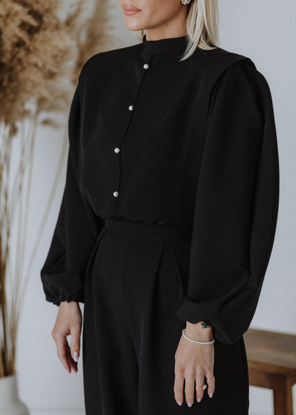 Fine fabric overalls in black