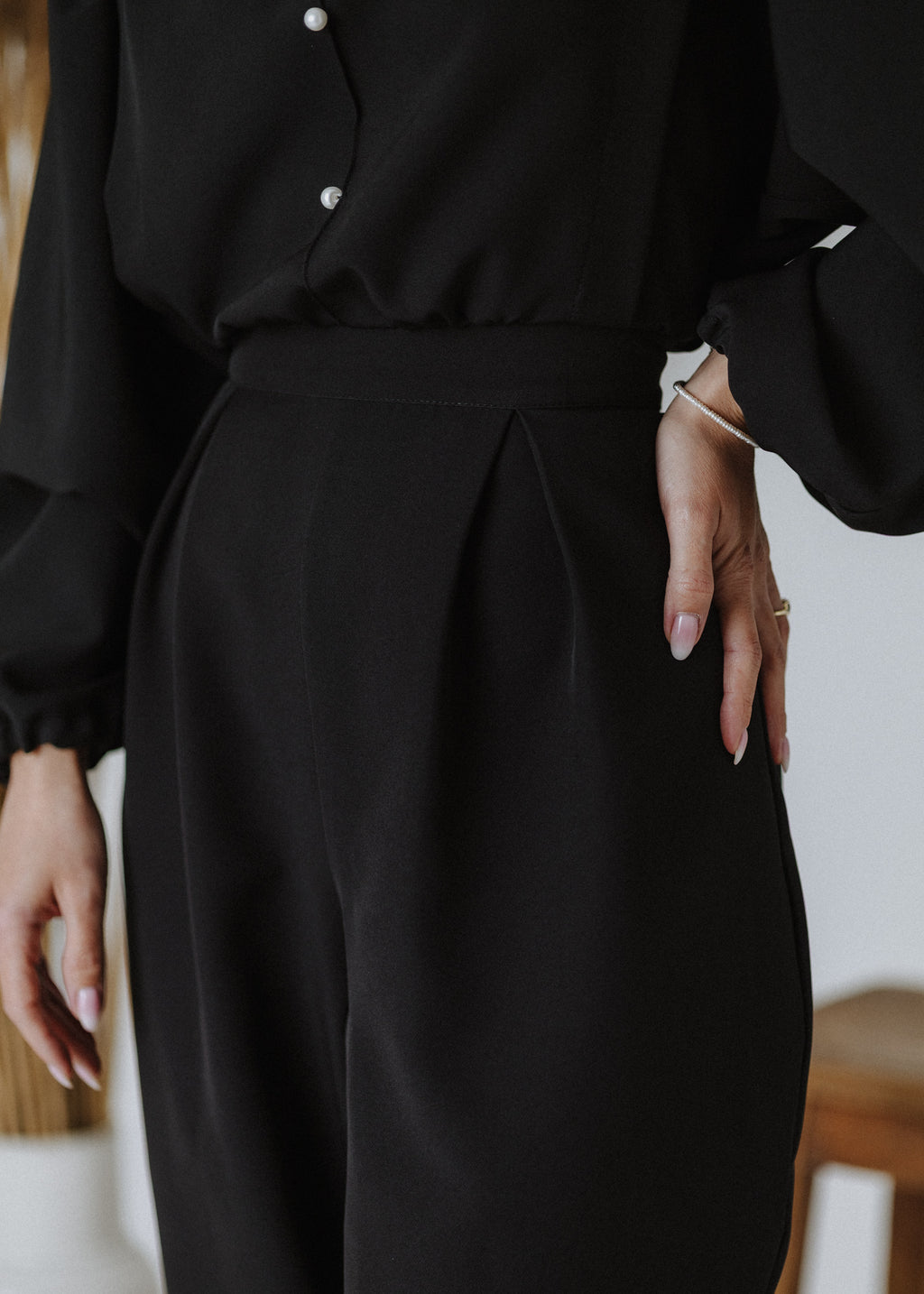 Fine fabric overalls in black