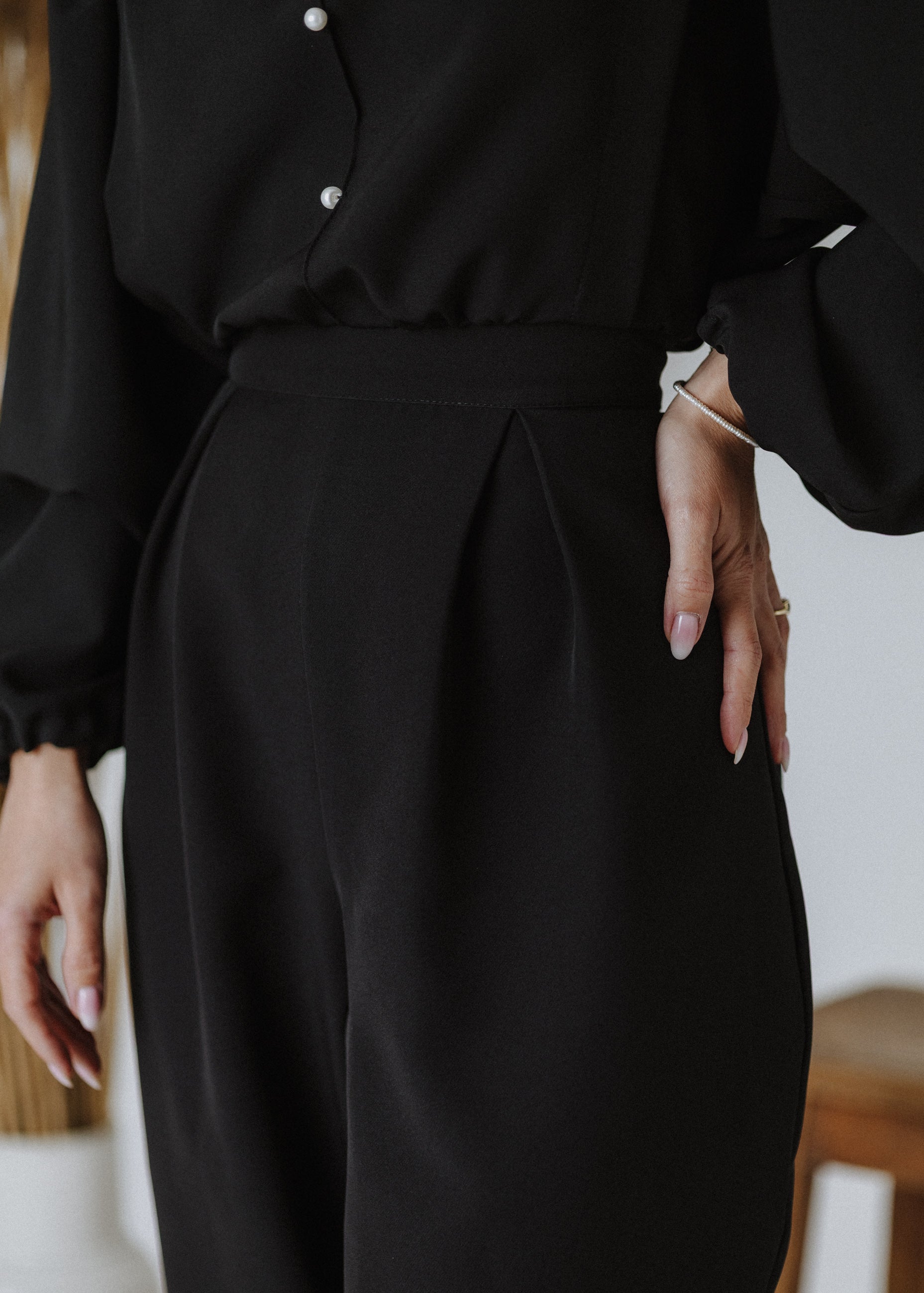 Fine fabric overalls in black